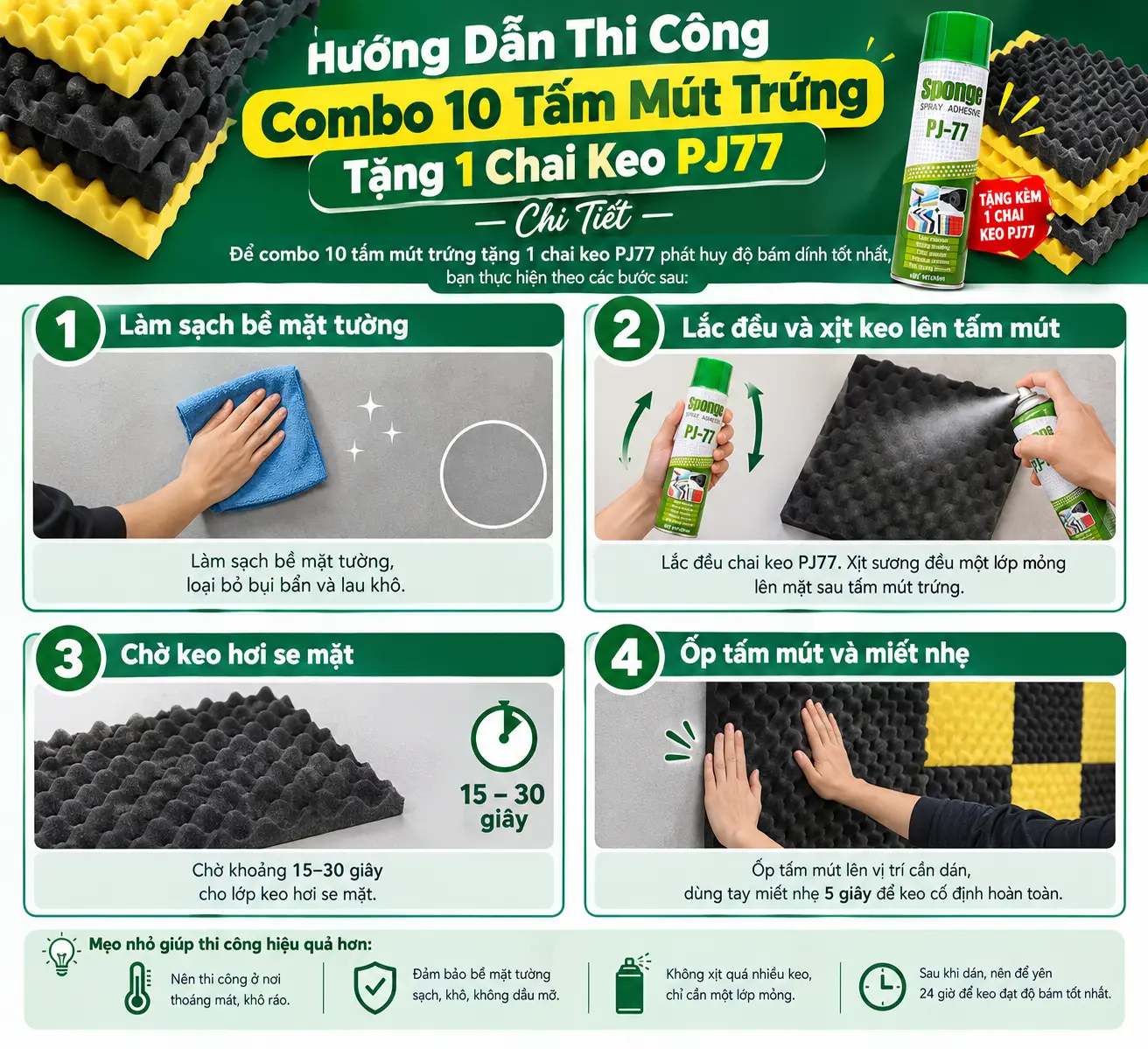 Hướng Dẫn Thi Công Combo 10 Tấm Mút Trứng Tặng 1 Chai Keo PJ77 Chi Tiết