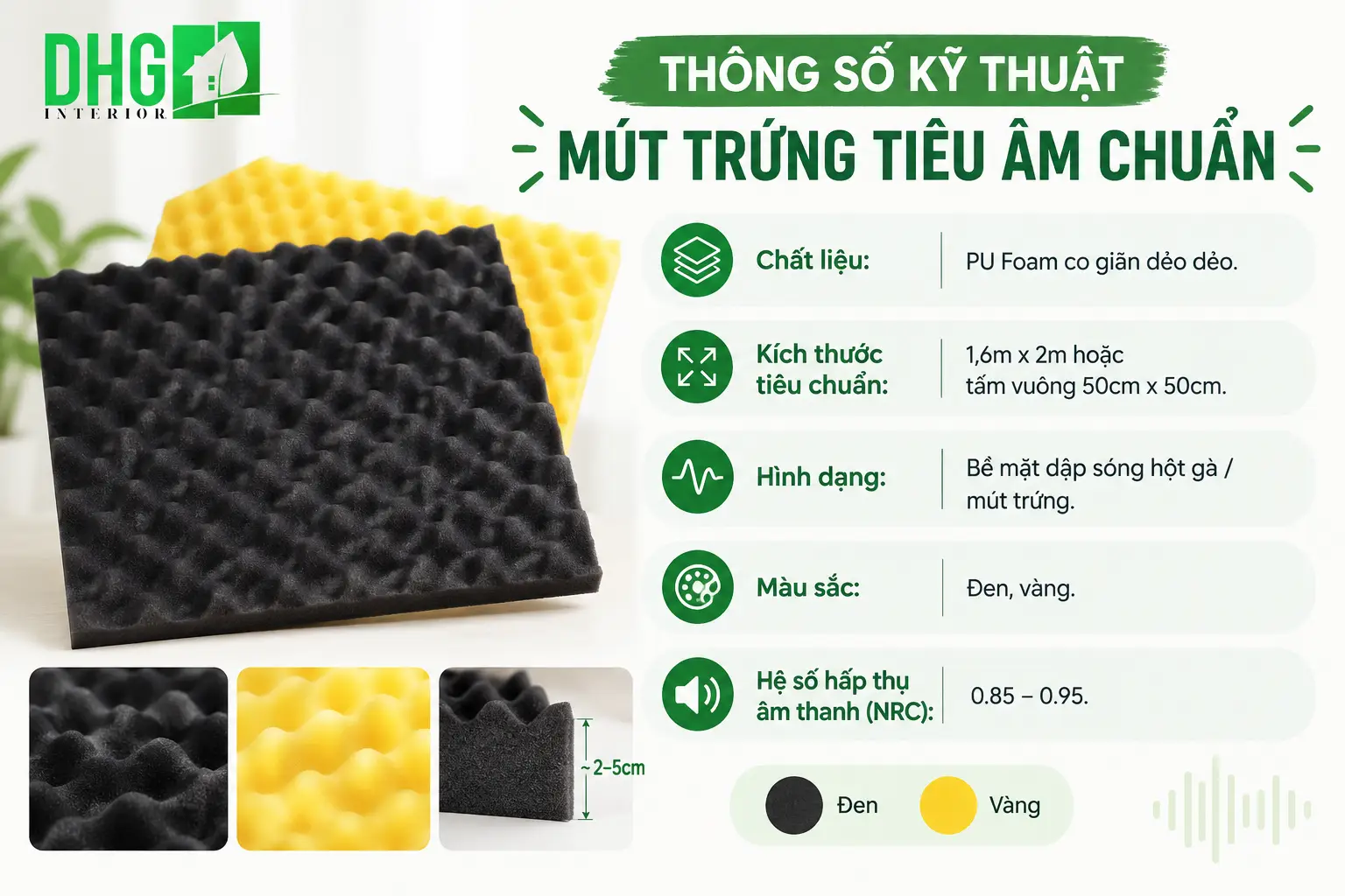 Thông số kỹ thuật của mút trứng tiêu âm chuẩn