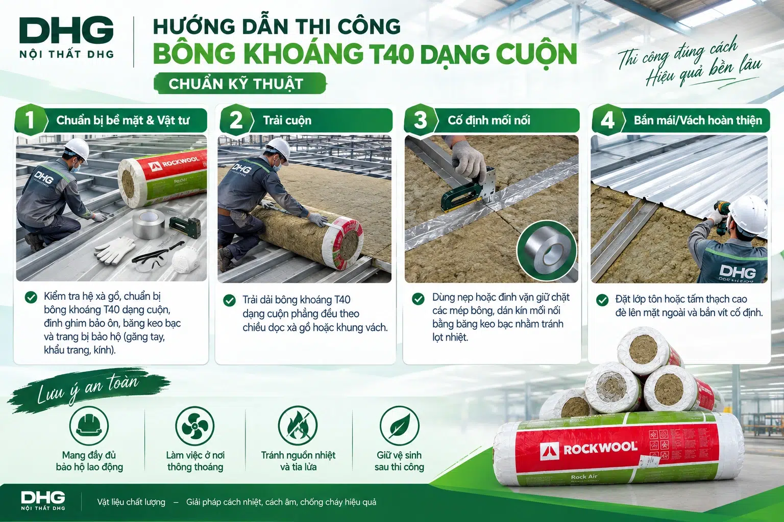Bông Khoáng T40 Dạng Cuộn Thái Lan Chính Hãng Chống Cháy Cách Nhiệt 3 Hướng Dẫn Thi Công Bông Khoáng T40 Dạng Cuộn Chuẩn Kỹ Thuật