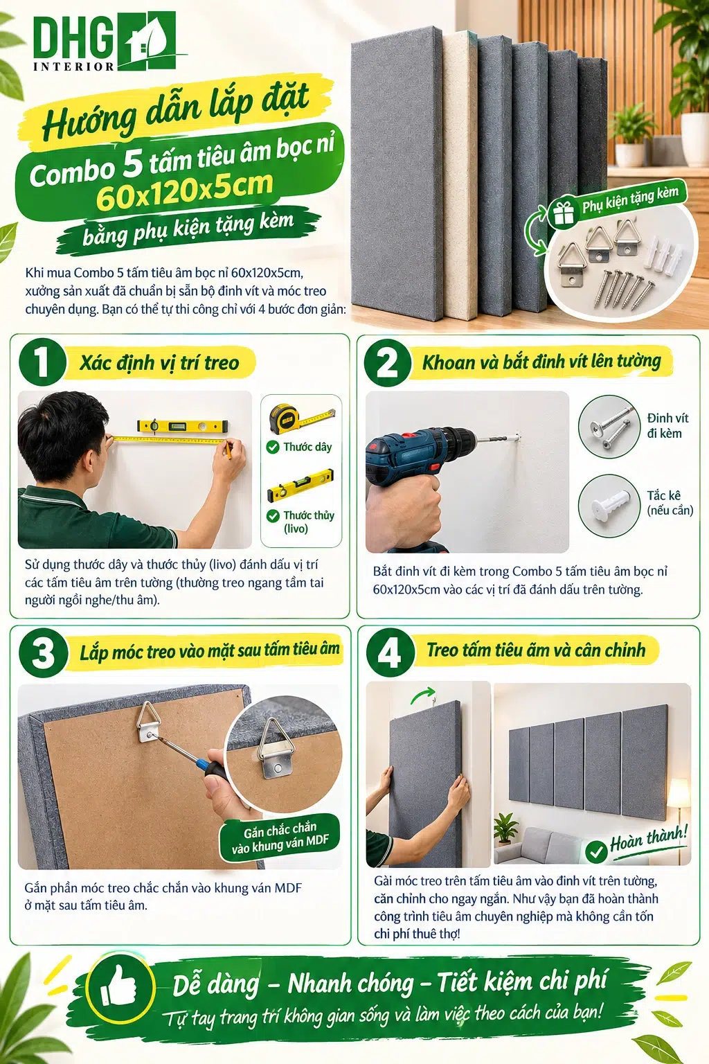 Combo Ưu Đãi 5 Tấm Tiêu Âm Bọc Nỉ 2 Huong dan lap dat Combo 5 tam tieu am boc ni