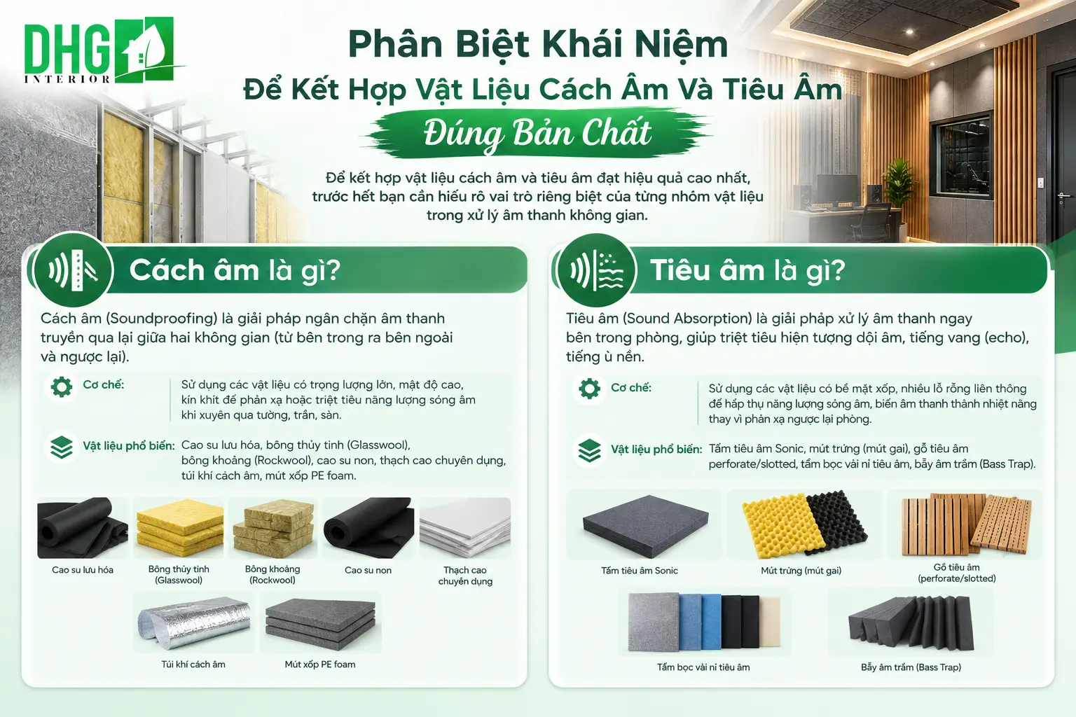 Phân Biệt Khái Niệm Để Kết Hợp Vật Liệu Cách Âm Và Tiêu Âm Đúng Bản Chất