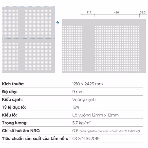 Thông số kỹ thuật tấm thạch cao tiêu âm